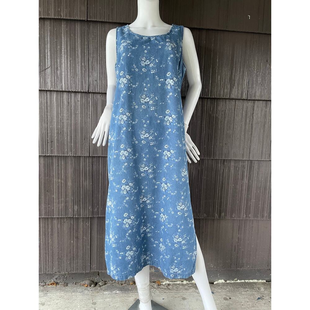 🔥Coldwater Creek Floral Denim Maxi Dress 12P Cottage Retro Boho Country Prairie